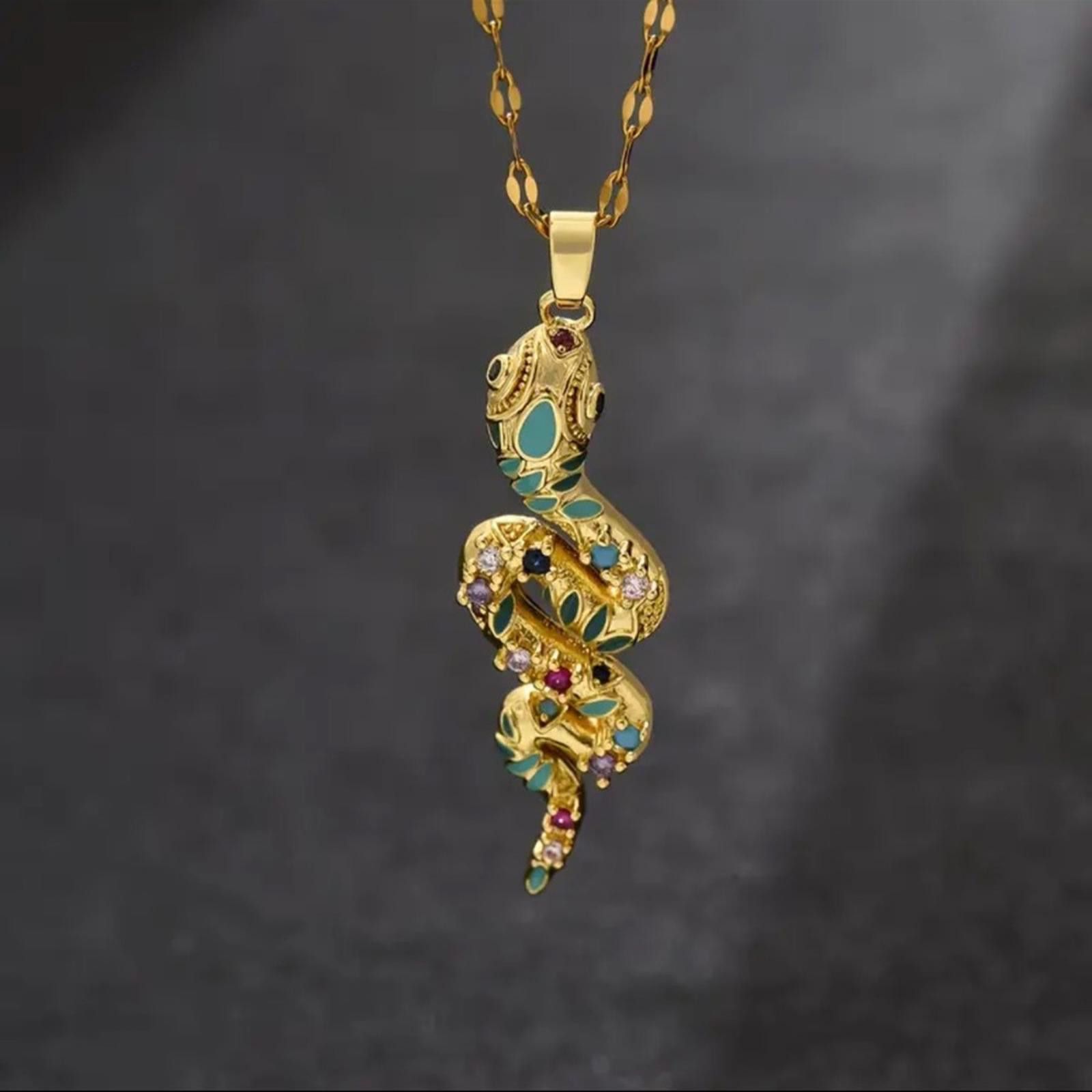 Designer Gold Snake Pendant Necklace with Stones Size ONE SIZE - 2 Thumbnail