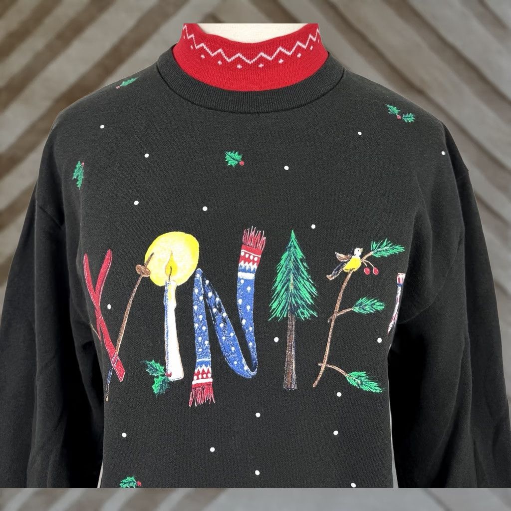 Vintage VINTAGE Bobbie Brooks Sweatshirt Womens Medium Mock Neck Christmas Holiday Pullover Knit Black 80s 90s Vintage Womens Medium Sweatshirt Size M / US 6-8 / IT 42-44 - 1 Thumbnail