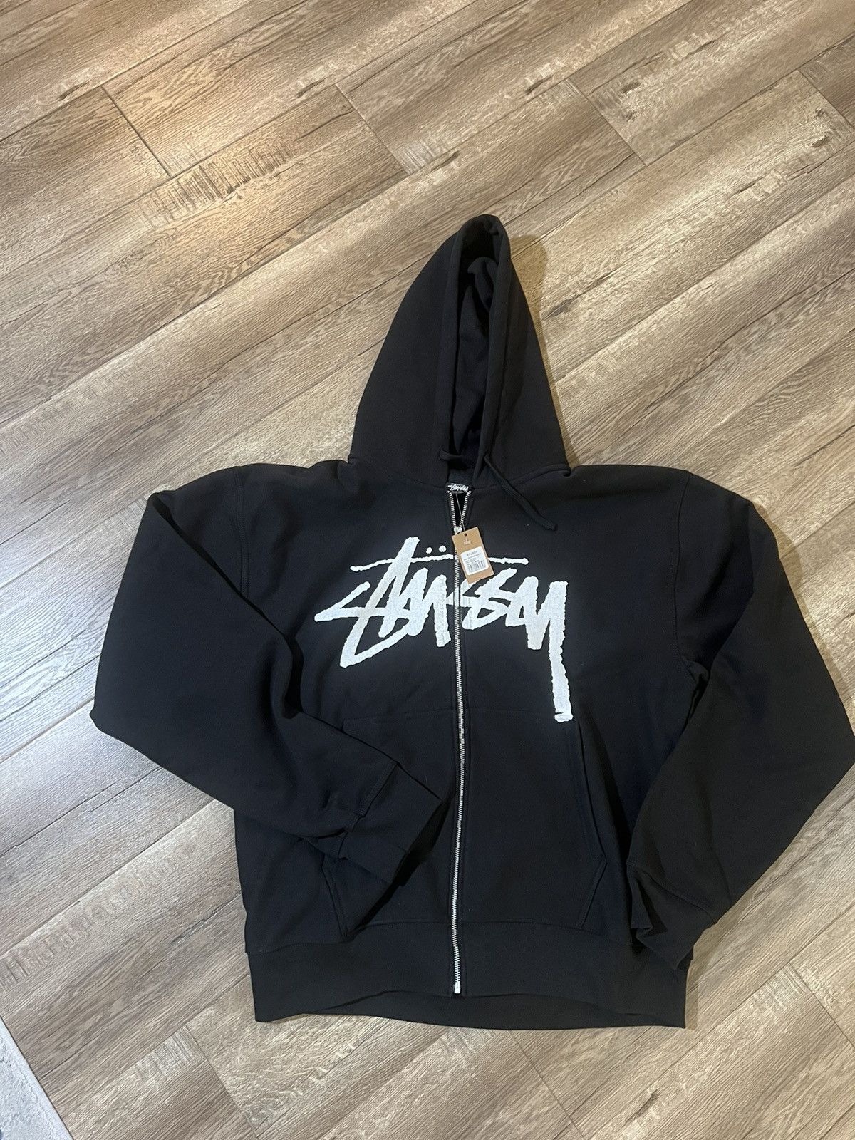 image of Stussy Stock Logo Zip Up in Black, Men's (Size 2XL)