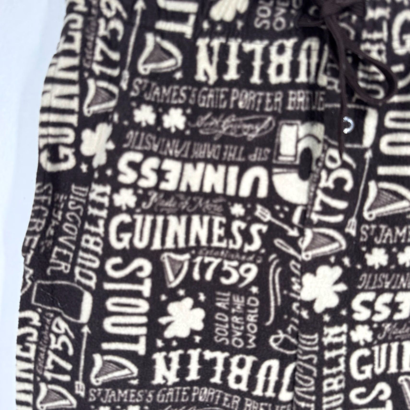 Vintage Guinness Mens Fleece Lounge Pajama Pants Brown Cream Large Elastic Logo Pockets Size US 33 - 4 Thumbnail