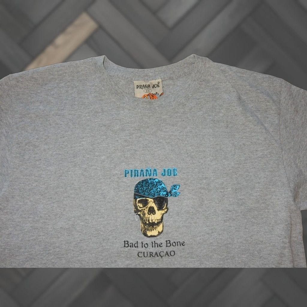Bones VINTAGE Pirana Joe Men's T-Shirt Size M Gray Pirate Skull Bad To The Bone Graphic Print Short Sleeve Size US M / EU 48-50 / 2 - 1 Thumbnail