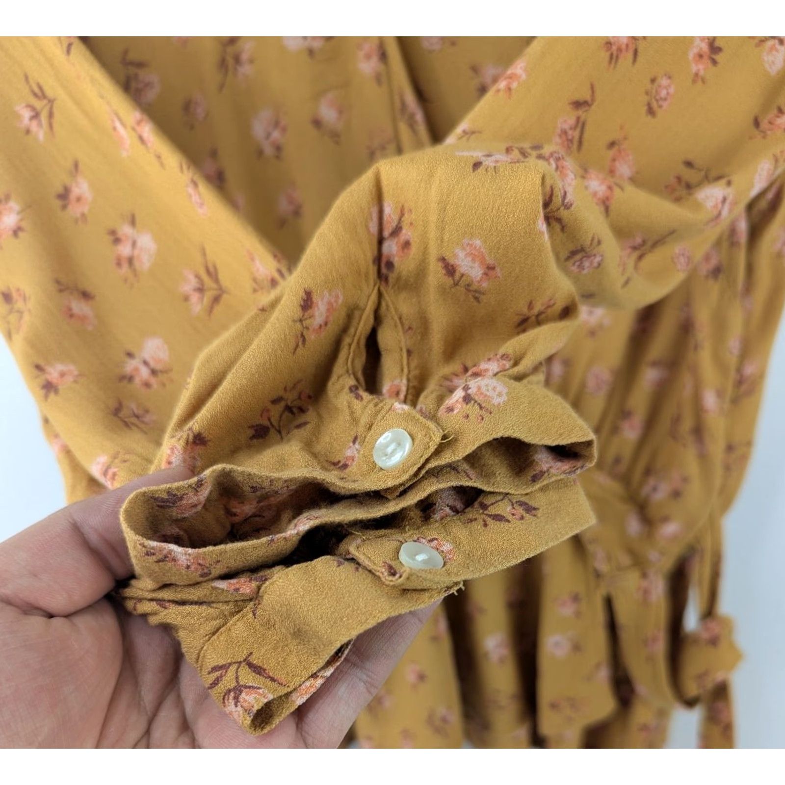 Lucky Brand Lucky Brand Mustard Yellow Floral Wrap Tie Ruffle V-Neck Long Sleeve Blouse M Womens Blouse Bohemian Pink Size M / US 6-8 / IT 42-44 - 3 Thumbnail
