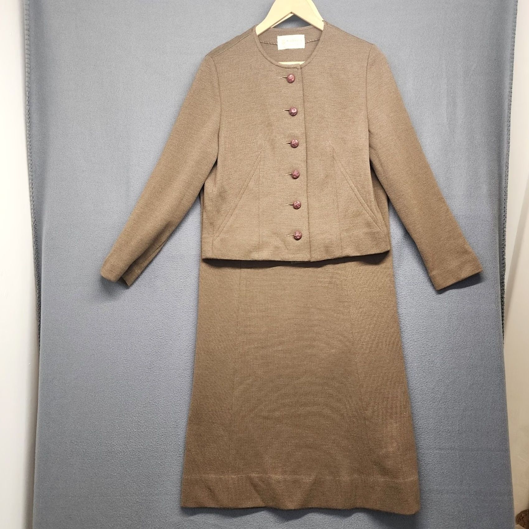 Vintage VINTAGE Kimberly Dress and Jacket Set Brown 100% Wool Union Made Classic Secretary/Geek Dress Suit M US Womens) Size M / US 6-8 / IT 42-44 - 2 Thumbnail