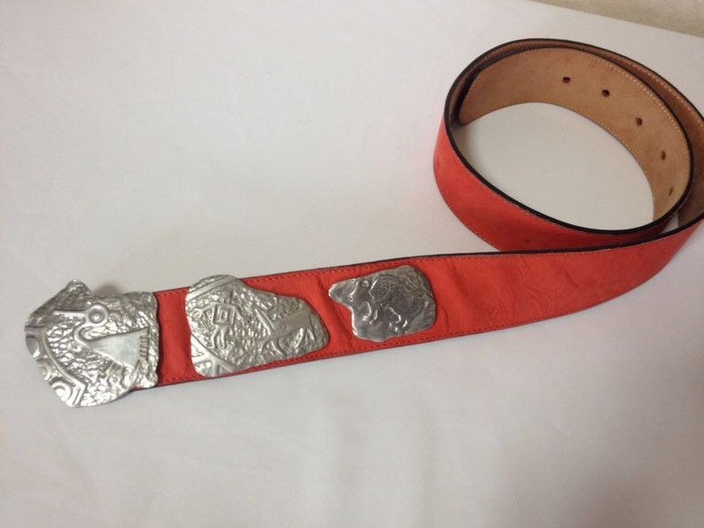 image of Vintage Carlos Falchi Red Suede Leather Belt With Silver Fun And Unique Animal Motifs. Great Master
