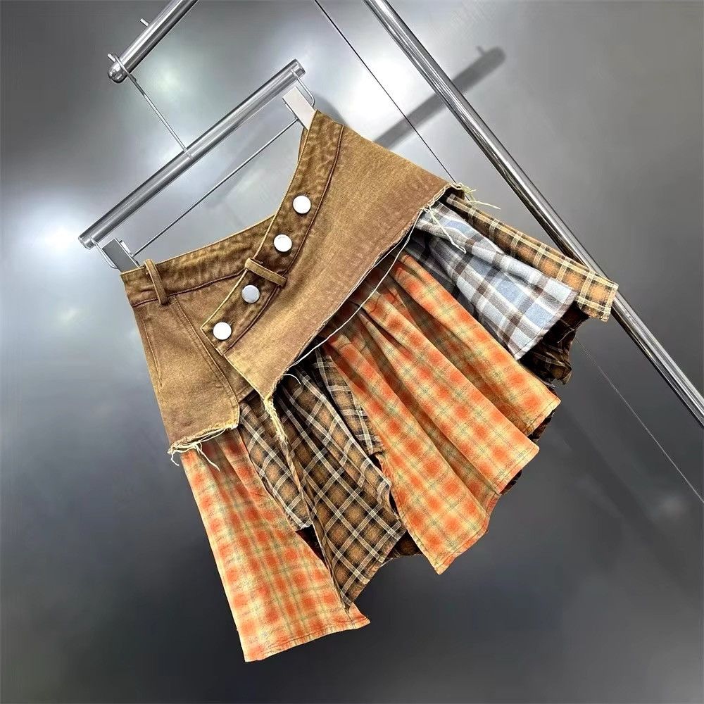 Other Vintage Retro Patchwork Asymmetrical Plaid Mini Skirt Size 28" / US 6 / IT 42 - 2 Thumbnail