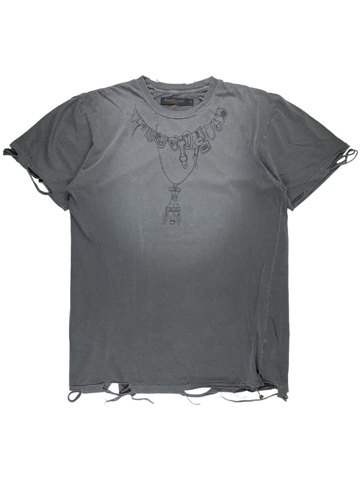 image of Ss03 Undercover Scab Amulet Necklace Thrashed Tshirt in Grey, Men's (Size Medium)