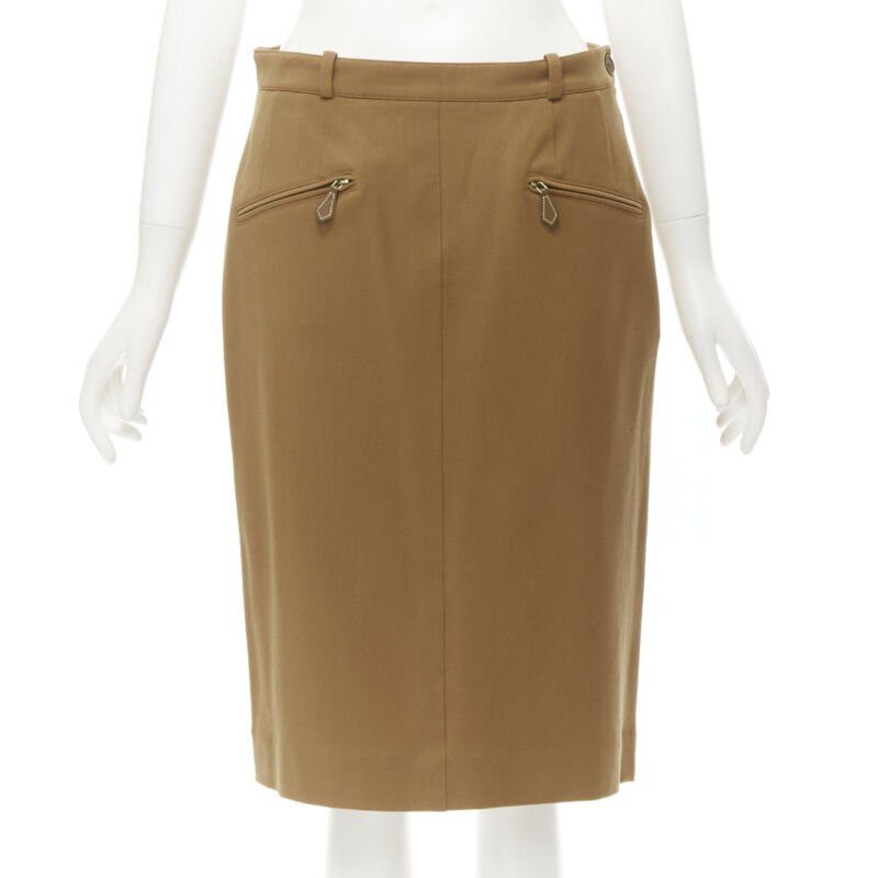Hermes HERMES brown wool blend leather Sellier zipper pocket pencil skirt FR42 L Size 30" / US 8 / IT 44 - 1 Thumbnail