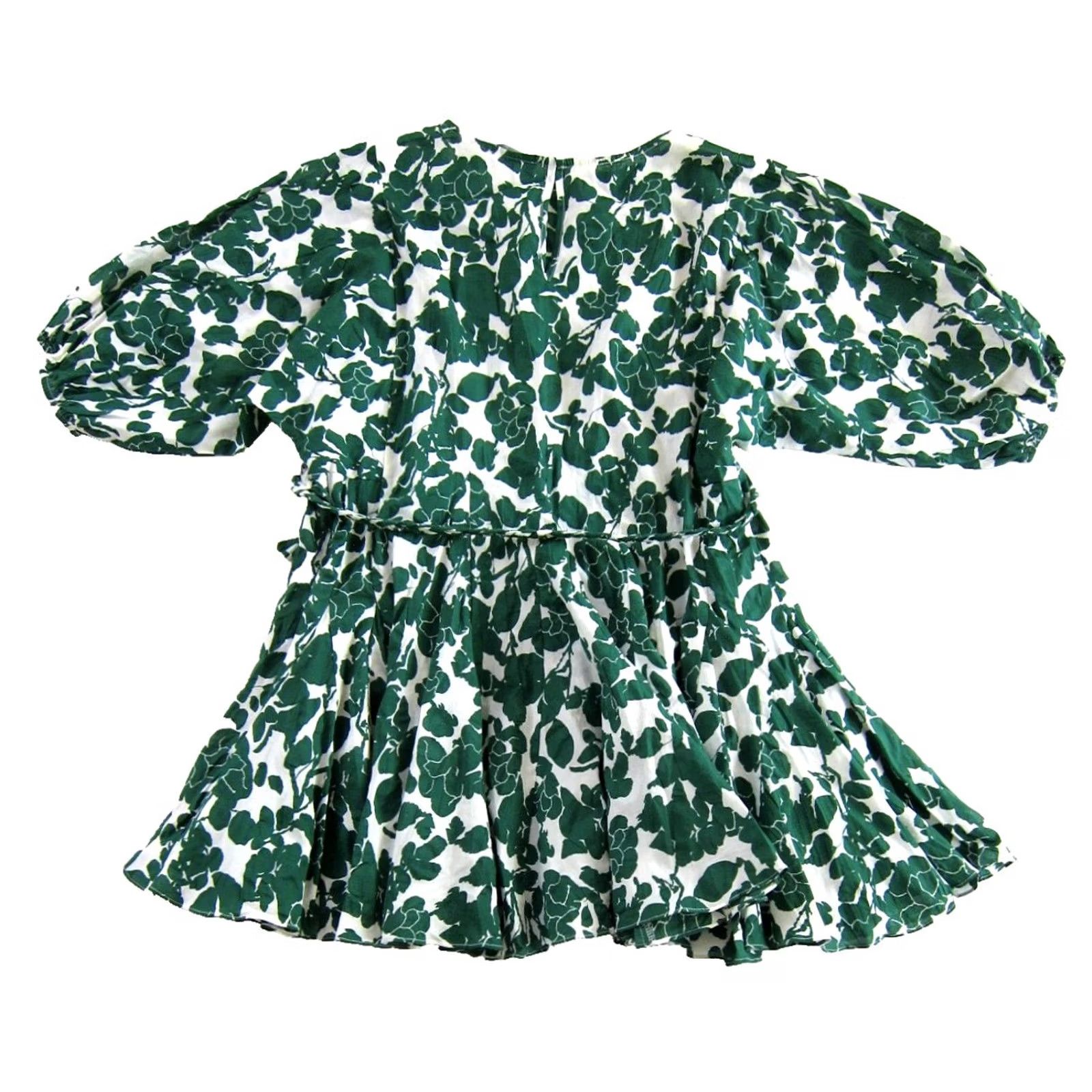 Vintage Aakaa Green White Floral 3/4 Sleeve Boat Neck Mini Smock Dress Woman Small Size S / US 4 / IT 40 - 2 Thumbnail