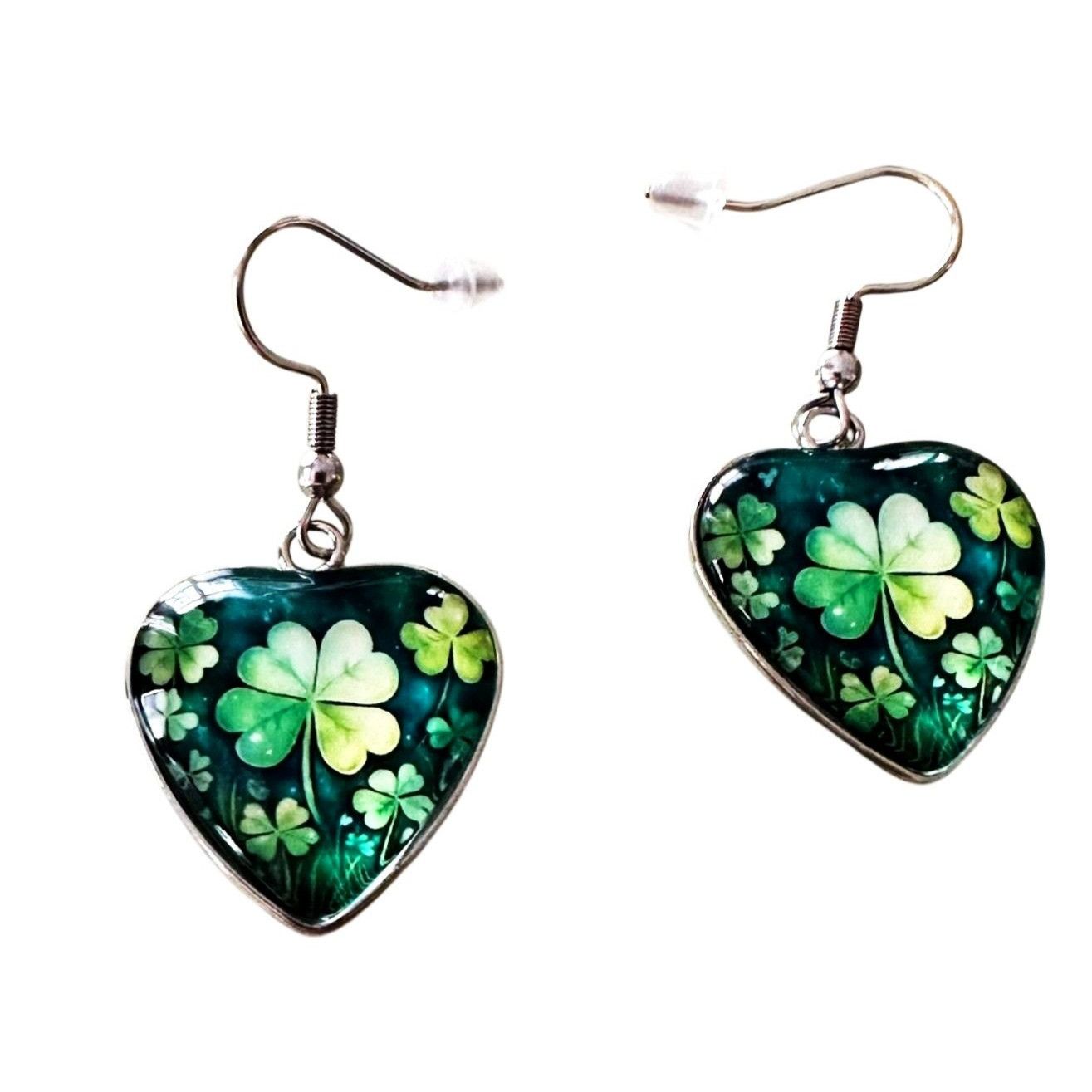 Handmade Shamrock Earrings St Patricks Day Clover Heart Shaped Dangle Size ONE SIZE - 10 Thumbnail