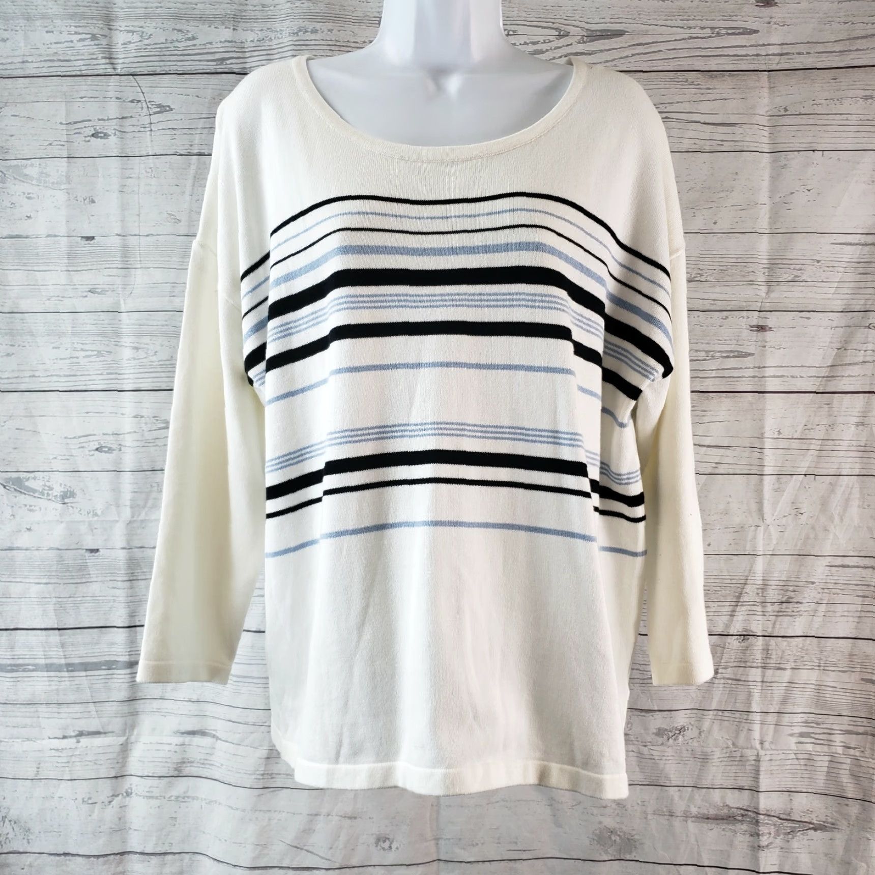 Vintage Fresh Produce Womens Sweater XL White Blue Striped Cotton Long Sleeve Pullover Casual Knit Pullover Mens Girls Womens Size XL / US 12-14 / IT 48-50 - 2 Thumbnail