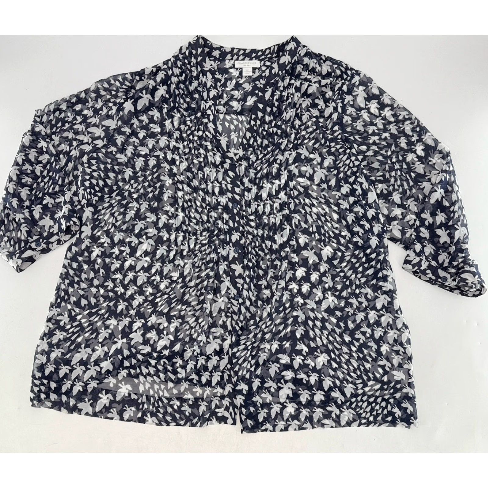 Charter Club VINTAGE? No — Charter Club Plus Size Navy Blue & White Print Button Front Chiffon Shirt Sz 3x Size XXL / US 16-18 / IT 52-54 - 3 Thumbnail