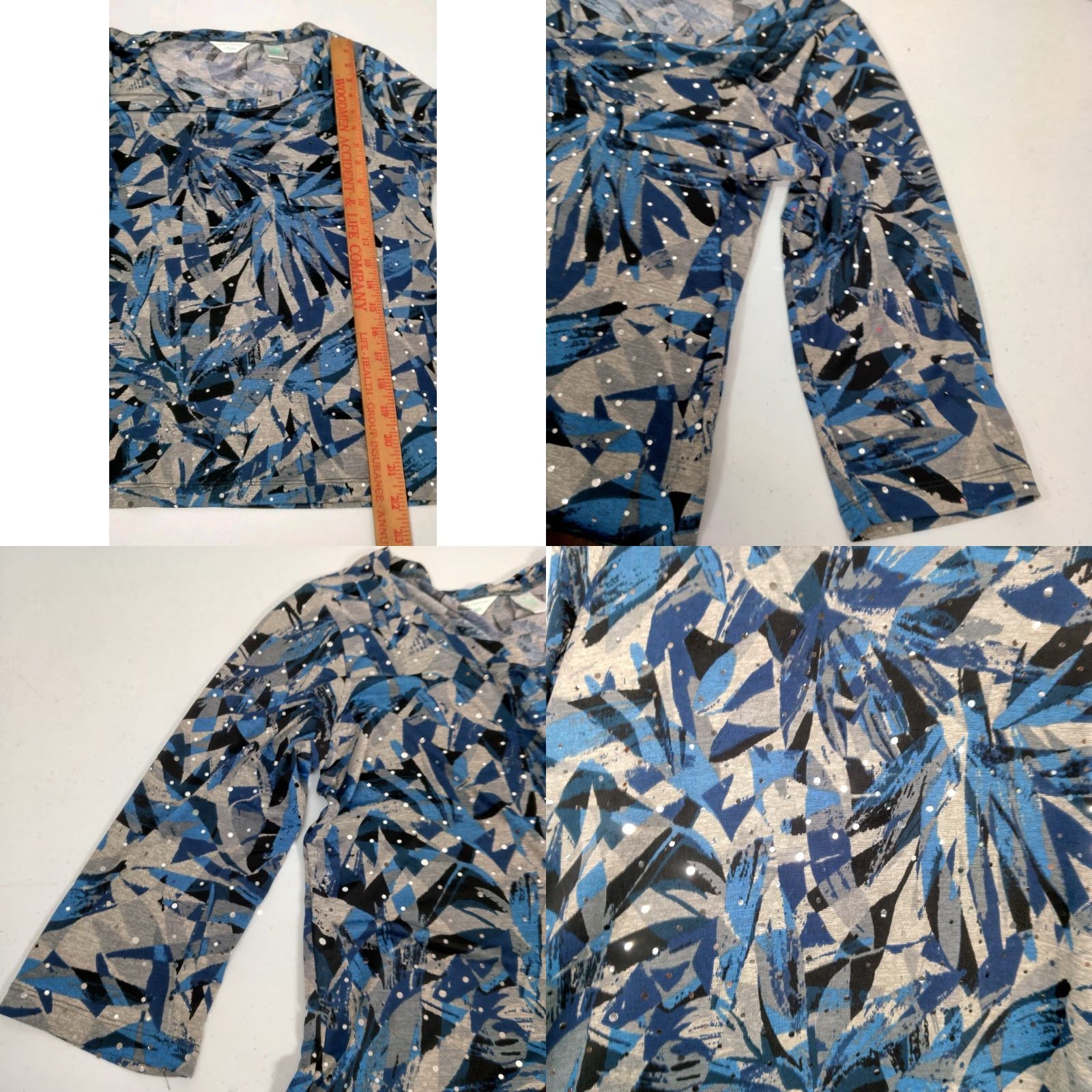 Laura Ashley Laura Ashley Shirt PM Blue Gray Abstract Sequin Stretch 3/4 Sleeve Womens Petite Top Size M / US 6-8 / IT 42-44 - 8 Thumbnail