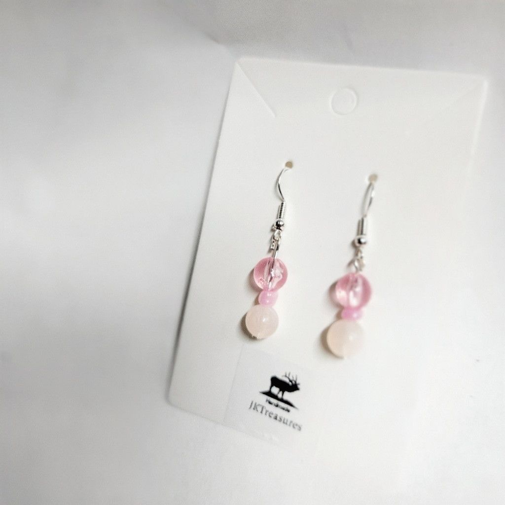 Handmade Handcrafted rose quartz crystal & pink glass dangle earrings Size ONE SIZE - 3 Thumbnail