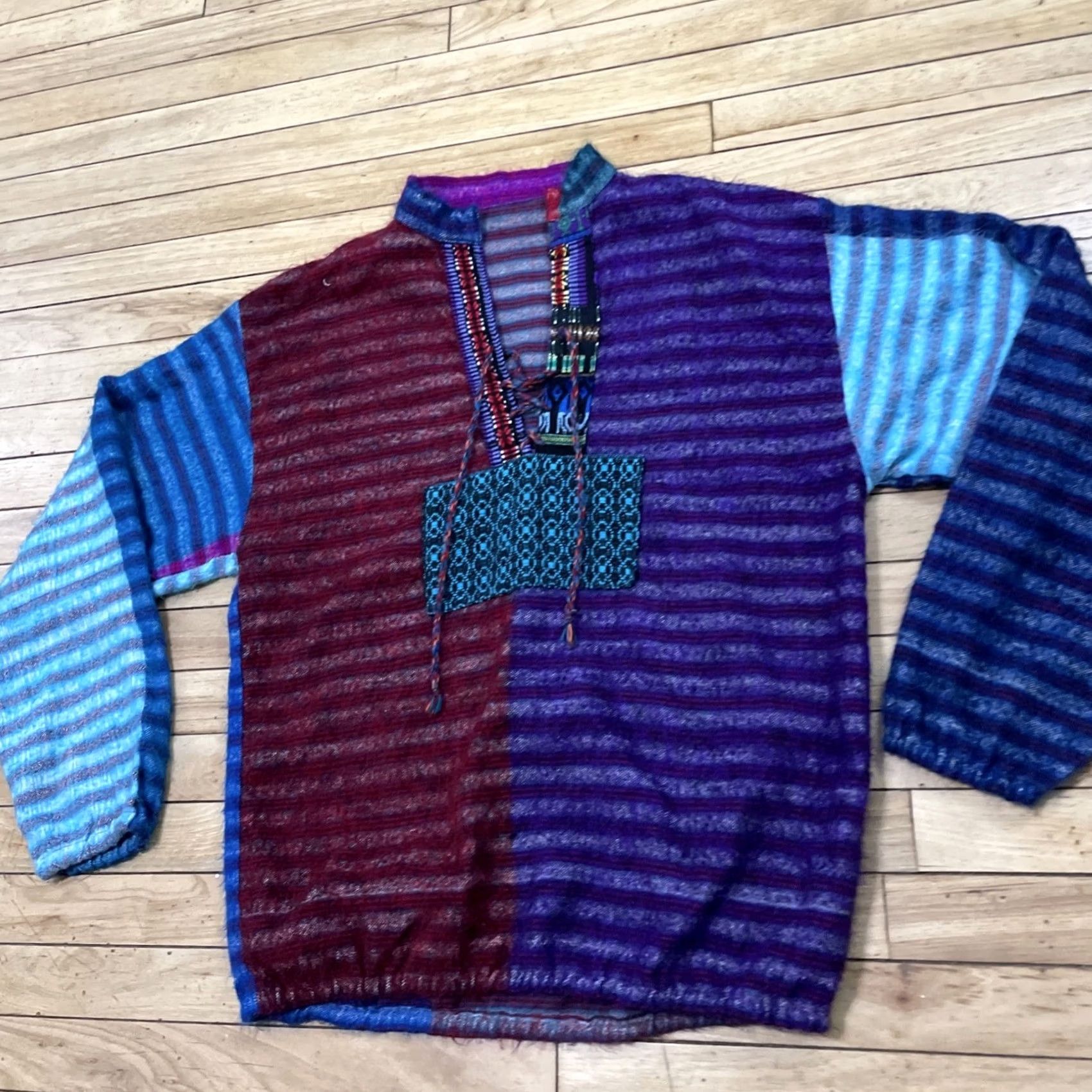 AQUA Hippie Surfer Beach Sweater Adult L Tribal Knit Aqua Purple Red ColorBlock 44" Ensemble Size L / US 10 / IT 46 - 3 Thumbnail