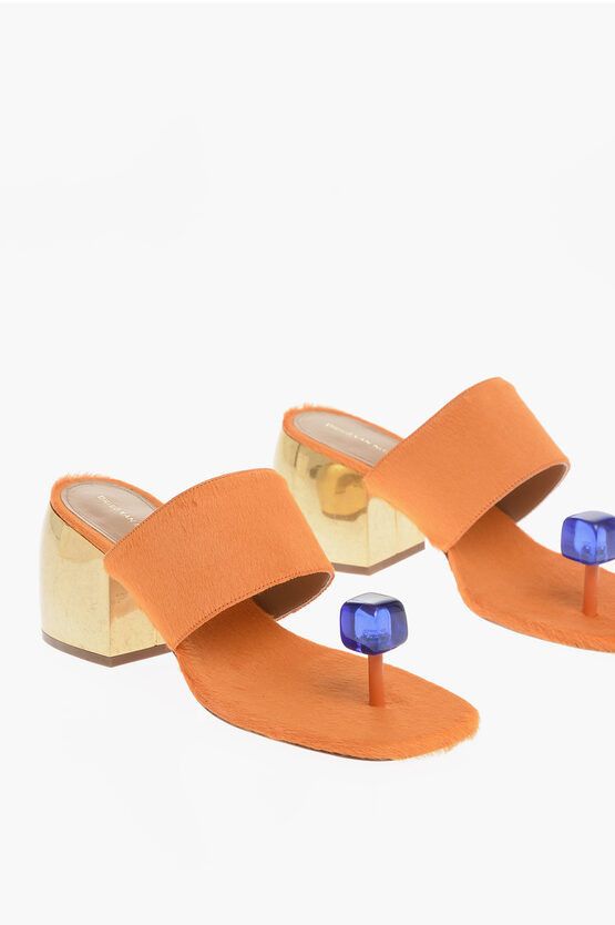 image of Dries Van Noten Ponyskin Thong Sandals With Golden Heel Shoes 7Cm in Orange, Women's