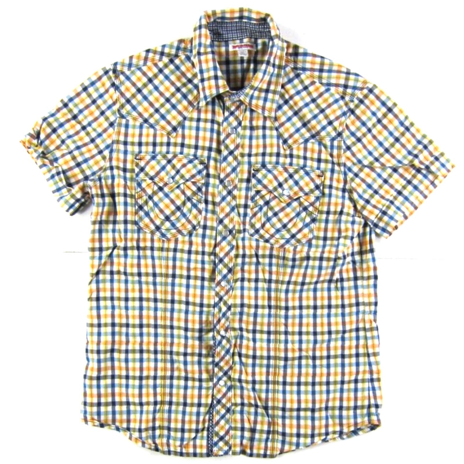 True Religion TRUE RELIGION Shirt Plaid Button-Up Short Sleeve Cotton Men L Blue Yellow Pink" Size US L / EU 52-54 / 3 - 2 Thumbnail