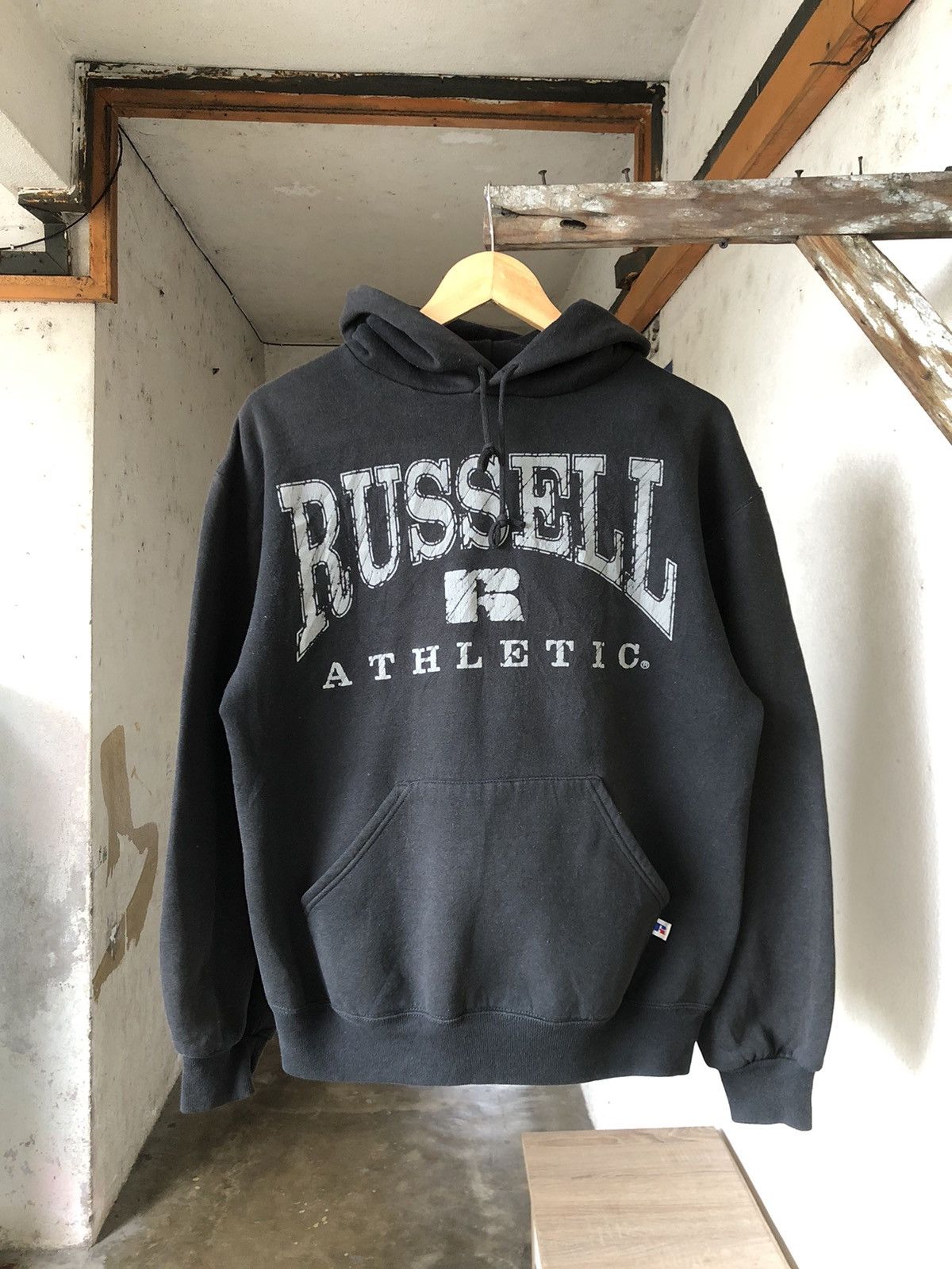 image of 90's Russell Athletic Big Logo Sweatshirt Hoodie in Black, Men's (Size Medium)