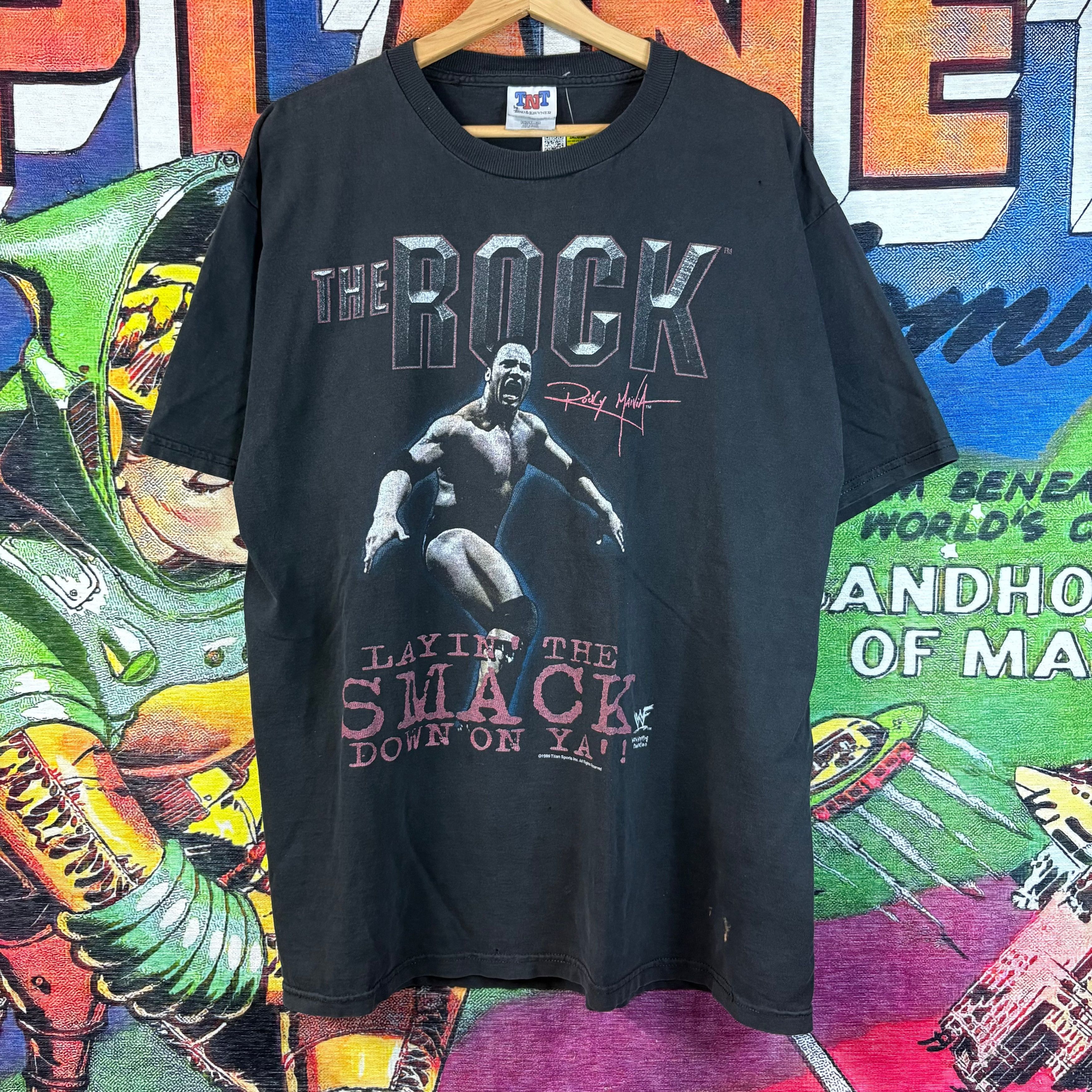 WWE vintage 1999 WWF The Rock "Layin' The Smack Down On Ya" Tee Size US XL / EU 56 / 4 - 1 Thumbnail