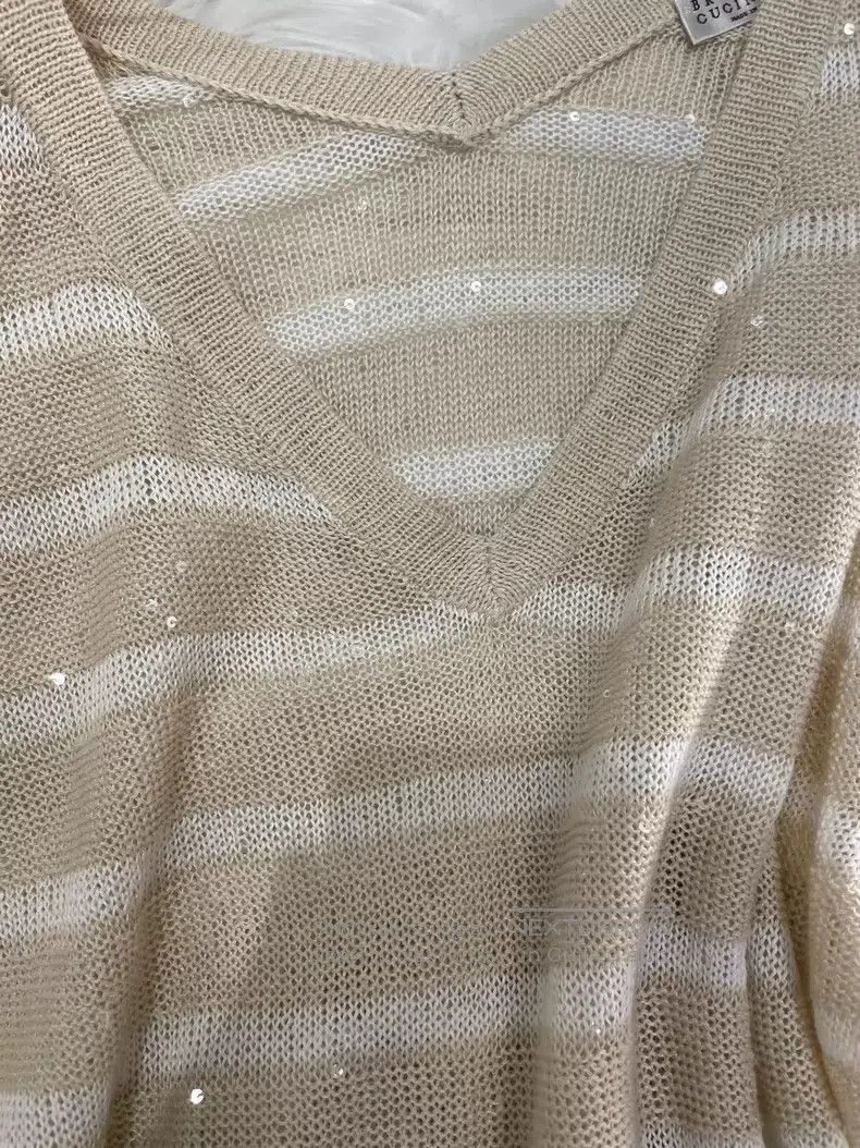 Brunello Cucinelli Brunello Cucinelli Beige linen sequin long-sleeved sweater Size L / US 10 / IT 46 - 8 Thumbnail