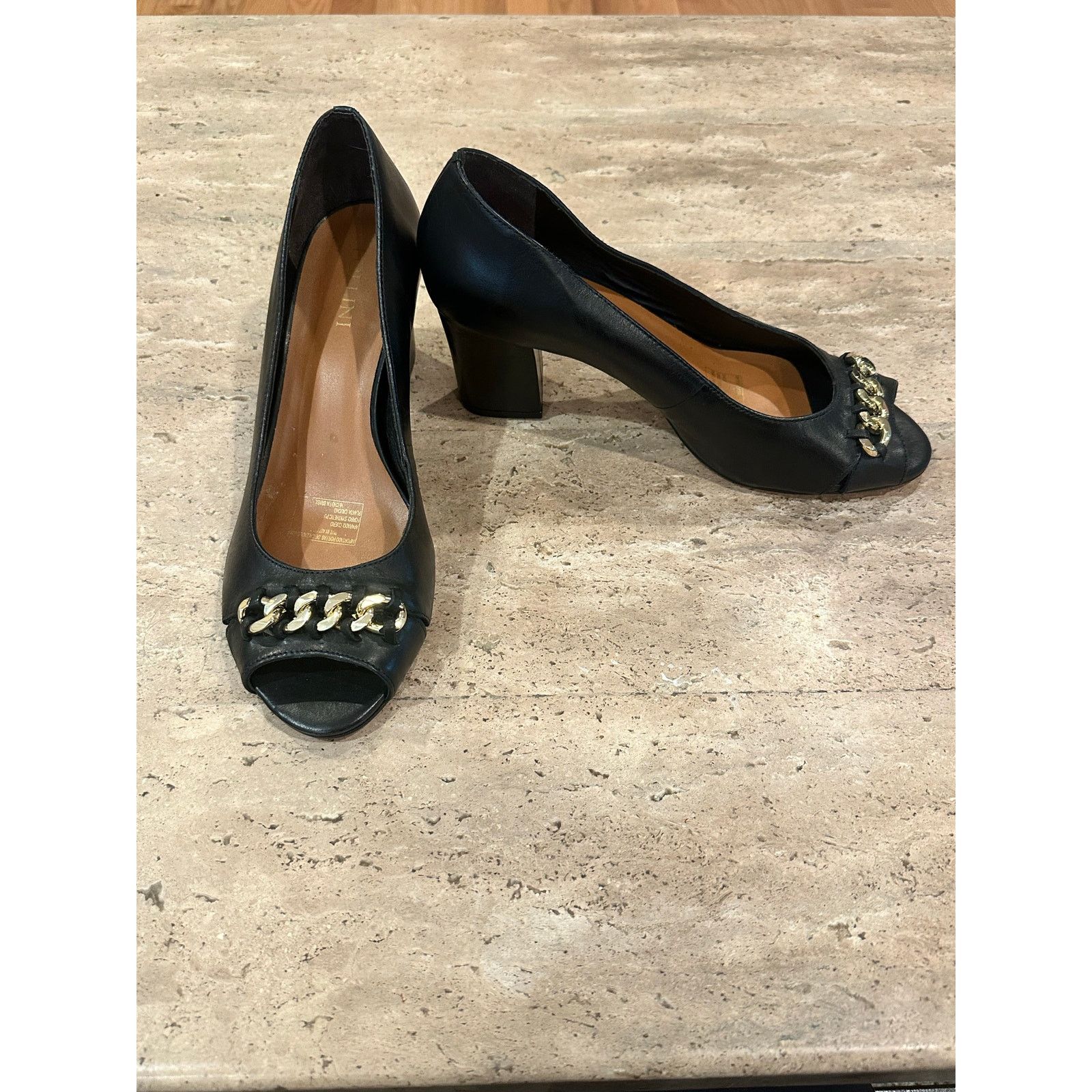 Pollini Pollini Peep Toe Block Heel Pump Black Leather size 39 / 8.5 Size US 8.5 / IT 38.5 - 3 Thumbnail