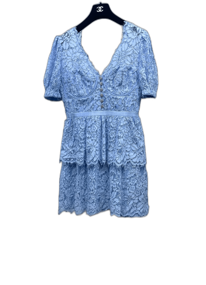 Anonymous Club Light Blue Lace Puff Sleeve Dress Size L / US 10 / IT 46 - 1 Thumbnail