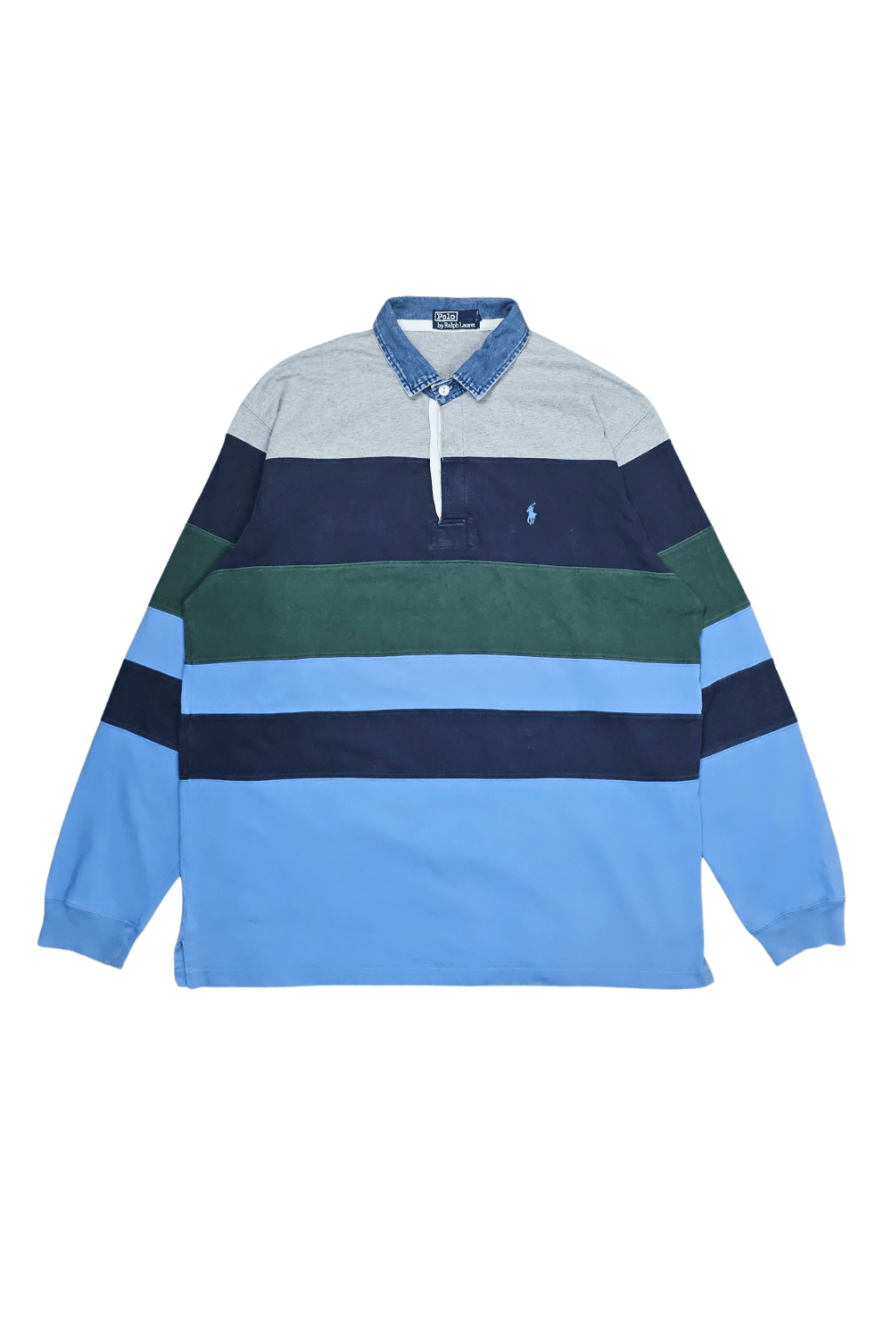 Polo Ralph Lauren 1993 PRL Multi-Stripe Rugby - Denim Collar - Hong Kong Made Size US XL / EU 56 / 4 - 1 Thumbnail