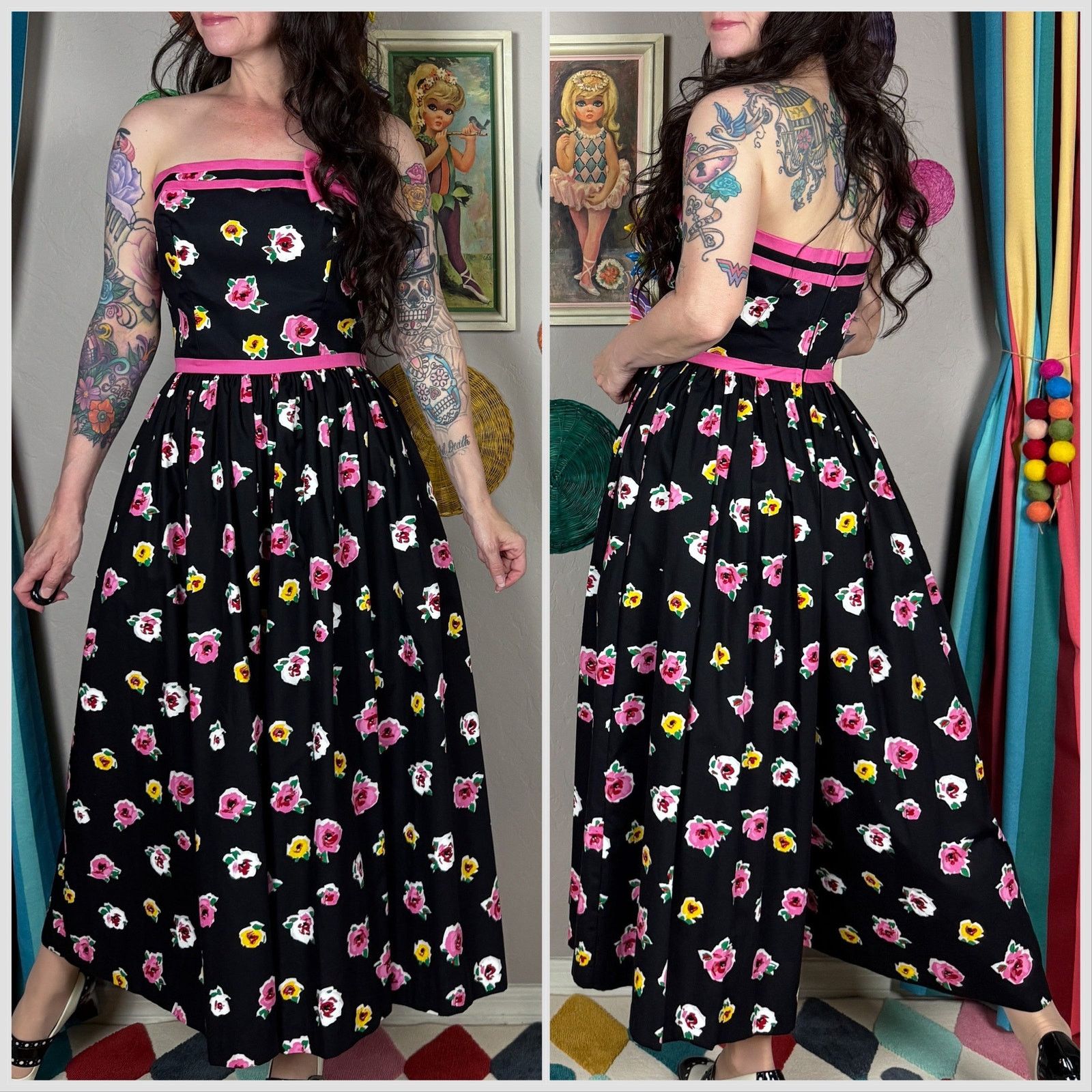 Vintage Vintage 1980s Black & Pink Floral Strapless Palazzo Jumpsuit Size 26" / US 2 / IT 38 - 4 Thumbnail