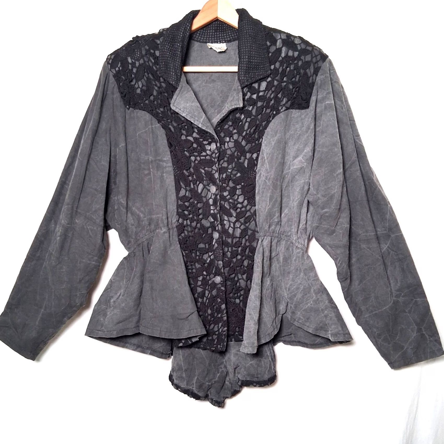 Vintage VINTAGE LIM'S Jacket Women's Crochet Beaded Crane Bird 90s Art To Wear Gray Black Short 32.5" Long Size L / US 10 / IT 46 - 2 Thumbnail