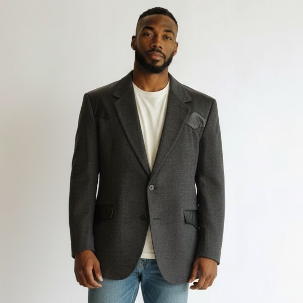 Other Vintage Sport Coat Jacket Men 44 Leather Tweed Gray Black Pi Size 44R - 1 Thumbnail