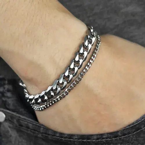 Jewelry Silver Double Curb Cuban Chain Bracelet, Men's