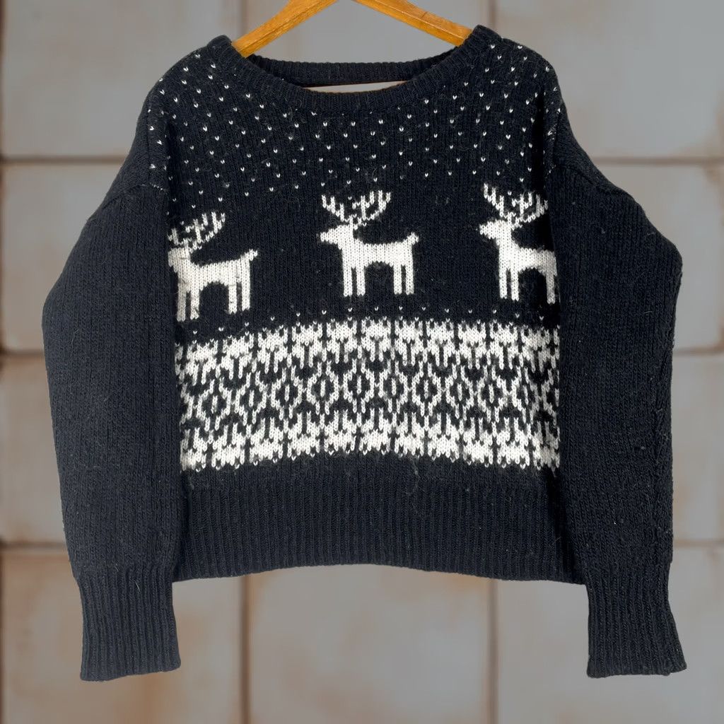 Vintage Ruby Moon Sweater Womens S Black Fair Isle Reindeer White Nordic Knit Cozy Size S / US 4 / IT 40 - 1 Thumbnail