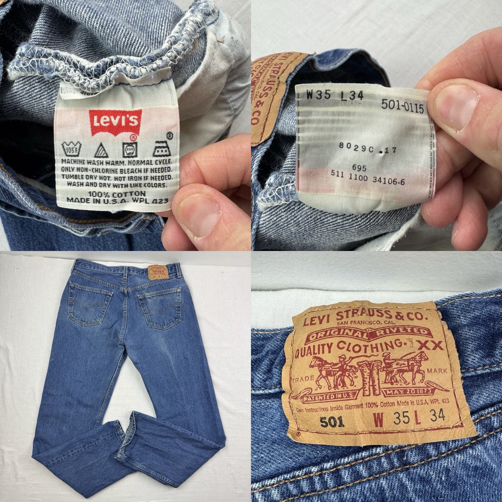 Levi's VINTAGE Levi's 501 Jeans Adult 35x34 Button Fly Straight Leg USA Hipster Blue Cotton Mens Size US 35 - 9 Thumbnail