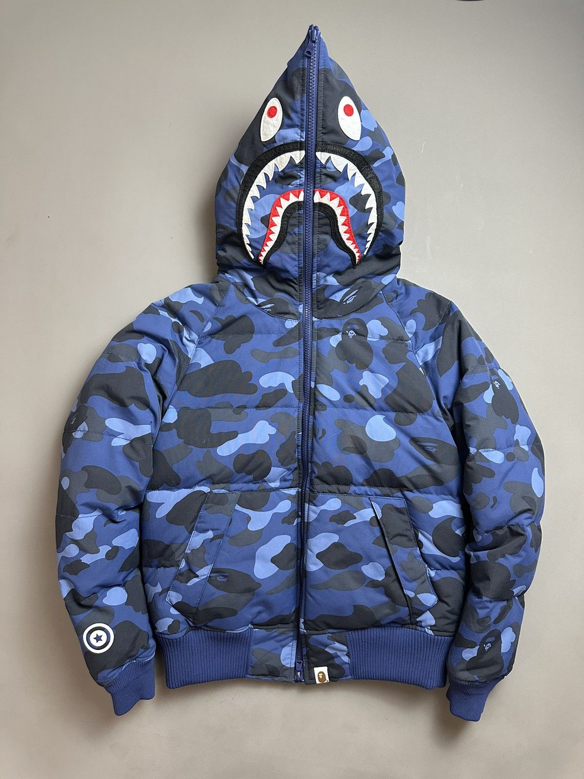 image of Bape Color Camo Shark Hoodie Down Jacket in Navy, Women's (Size XS)