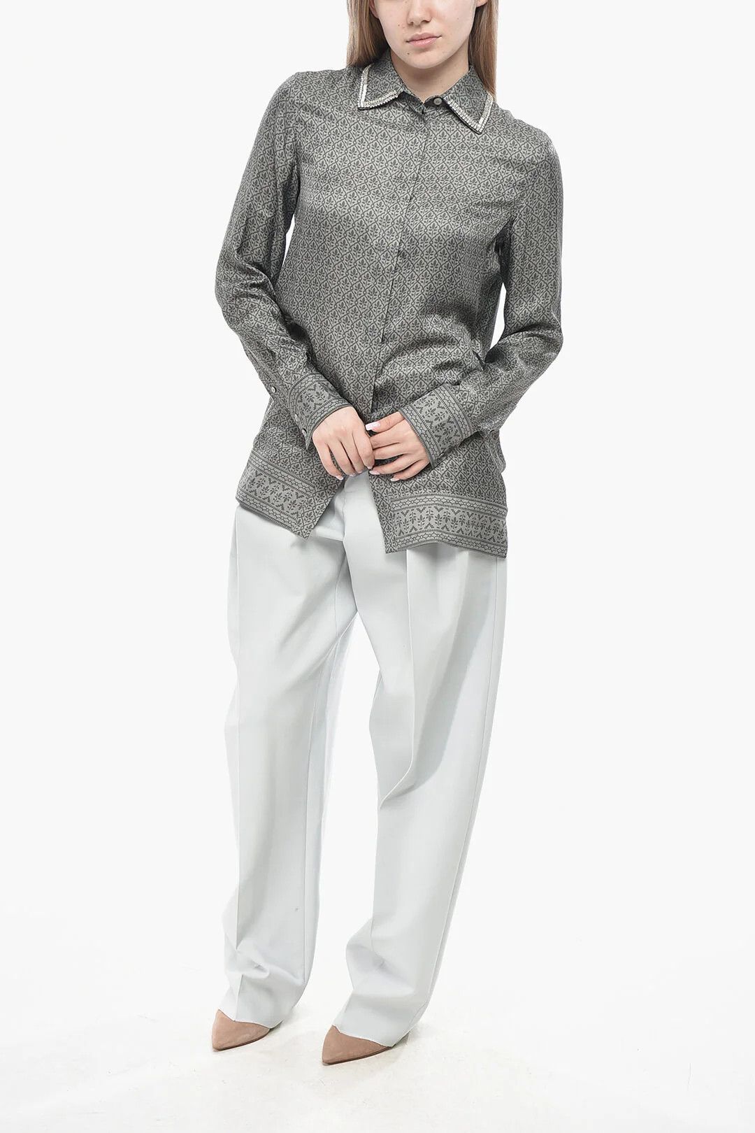 Golden Goose og1mm0426 Floral Satin Blouse in Grey Size XS / US 0-2 / IT 36-38 - 4 Thumbnail