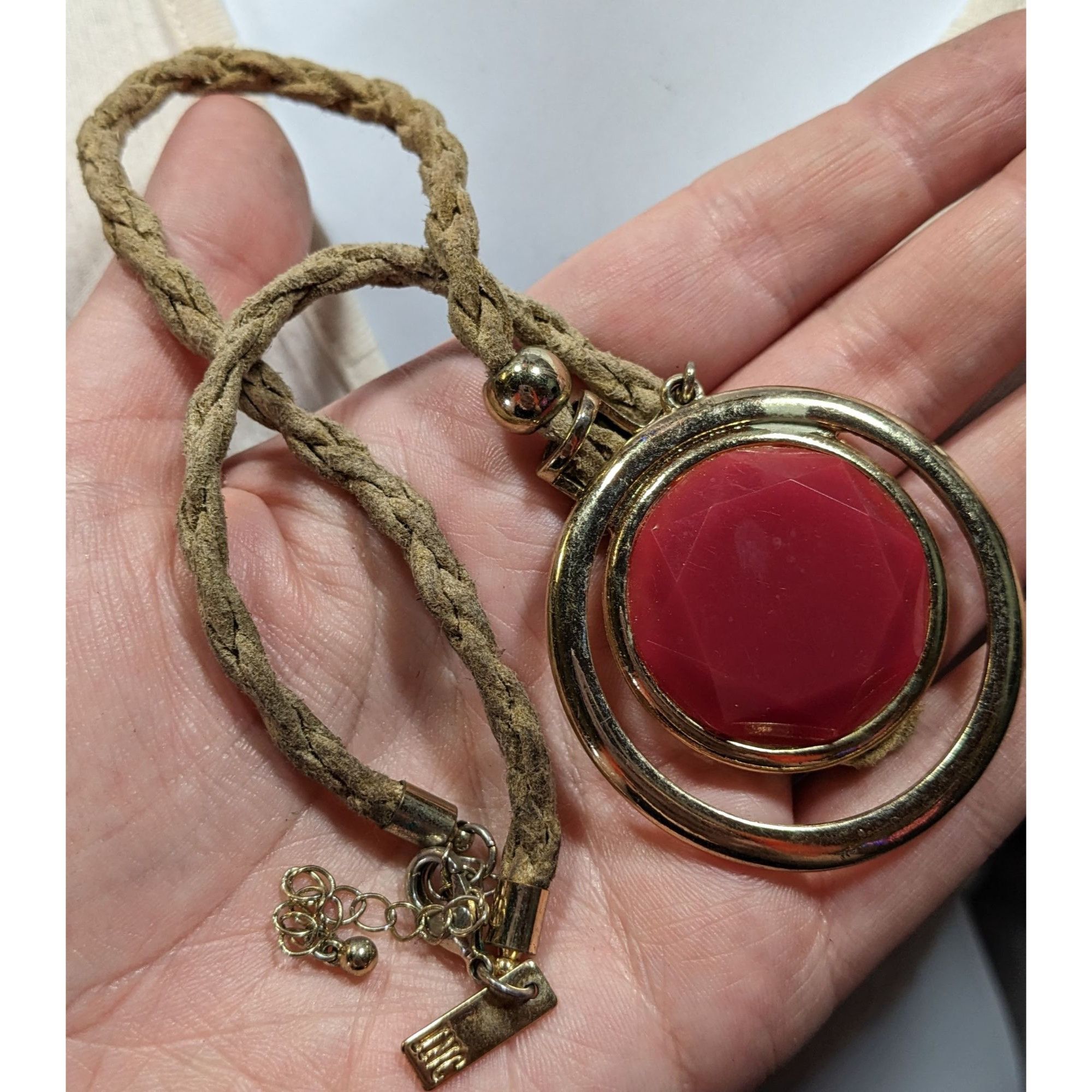 Other INC Red Gemmed Medallion Necklace On Tan Suede Braided Cord Size ONE SIZE - 5 Thumbnail