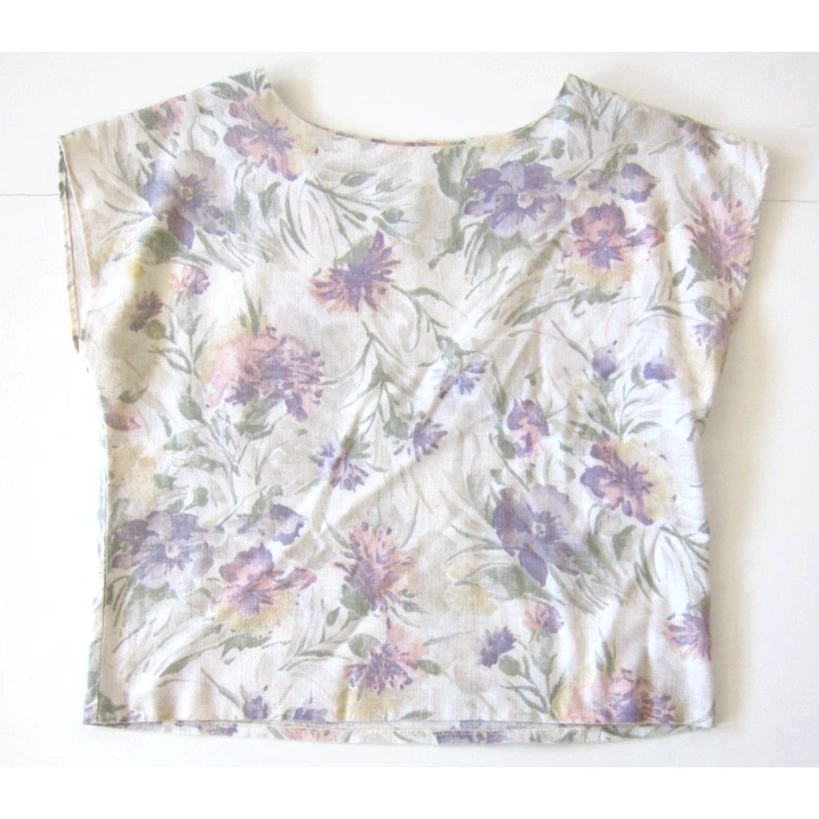 FLAX VINTAGE Ann Hill Flax Ivory Purple Green Floral Boxy Lagenlook Tunic Blouse PL Size L / US 10 / IT 46 - 6 Thumbnail