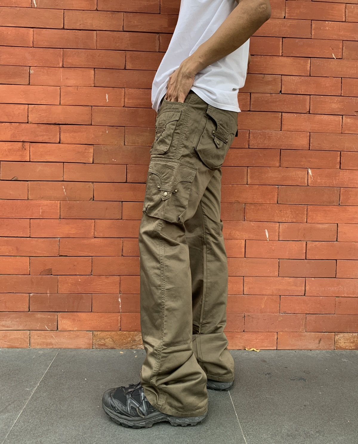 image of Le Grande Bleu L G B x Tornado Mart Japan Cargo Military Flared Trousers in Military Olive (Size 30