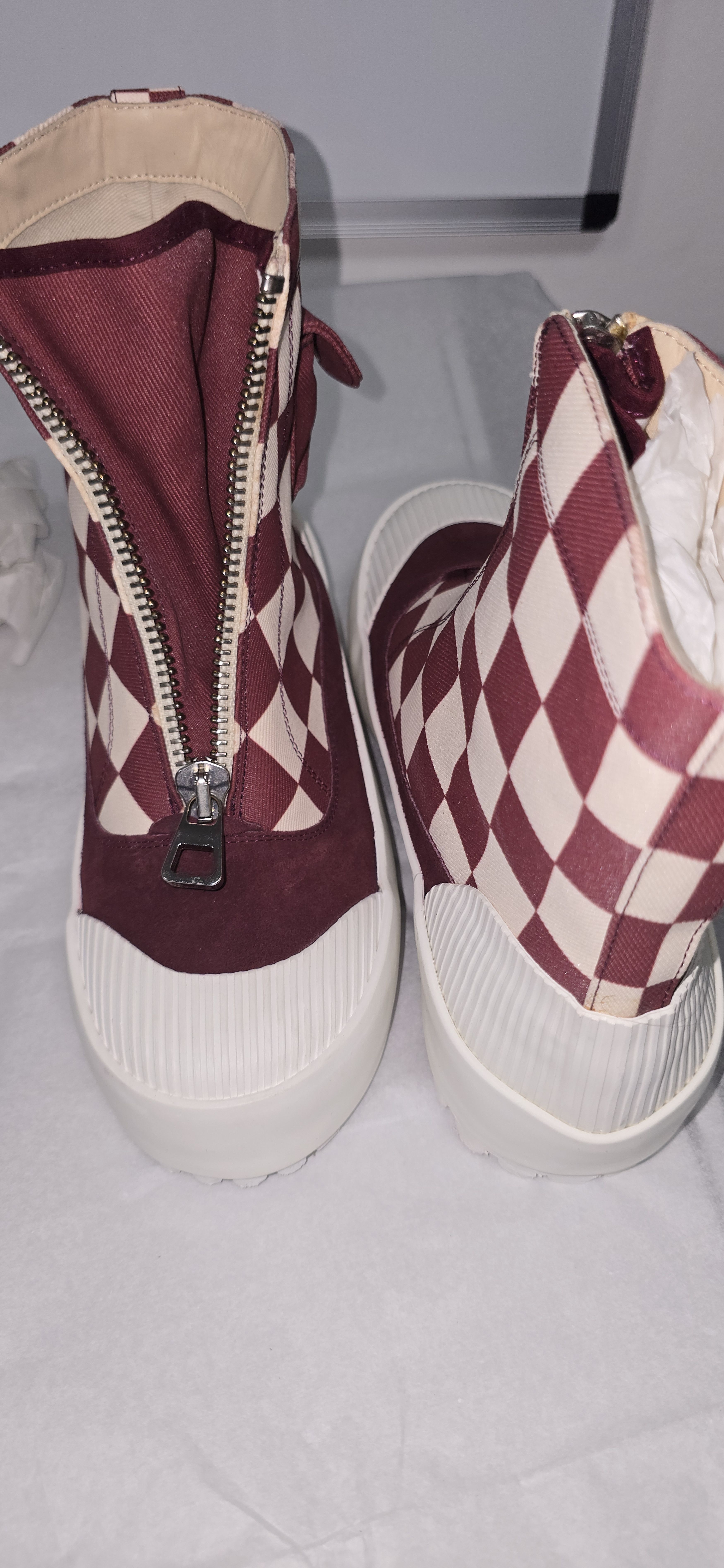 Burgundy Checkerboard Zip Cargo Pocket Boots RRP $400
