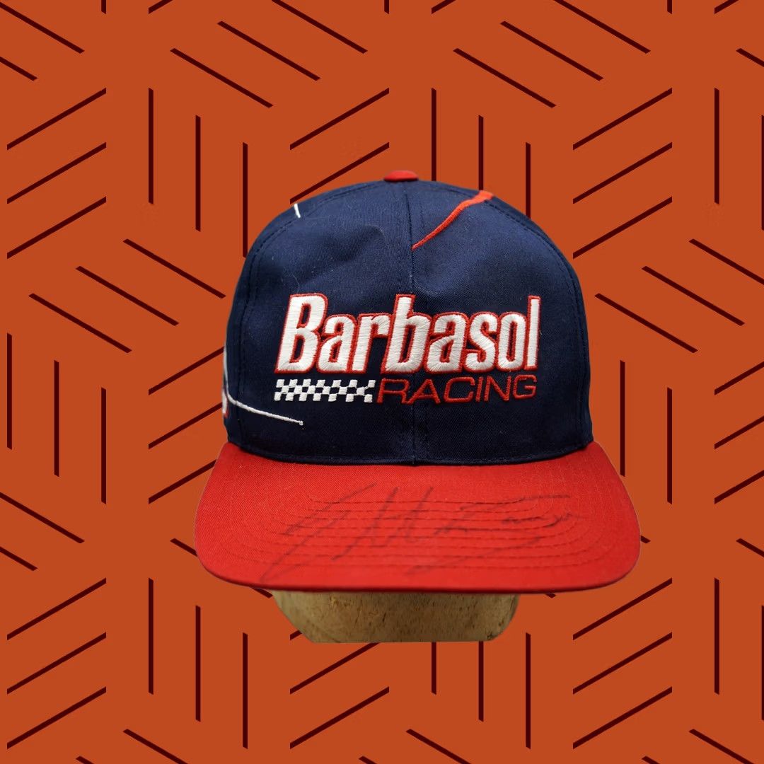 Vintage VINTAGE Barbasol Racing Hat Checkered Flag Sports CFS Snapback Navy Red Glenn Allen Signed #38 Mens Hat Size ONE SIZE - 1 Thumbnail