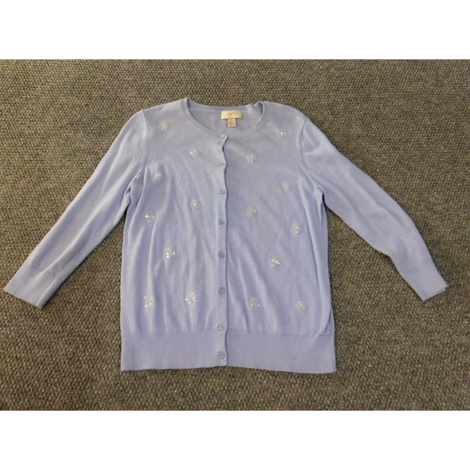 Loft LOFT Cardigan Sweater Medium Women Blue Beaded Embroidered Rib Knit Pullover Round Neck Casual Regular M Knit Cotton Size M / US 6-8 / IT 42-44 - 3 Thumbnail