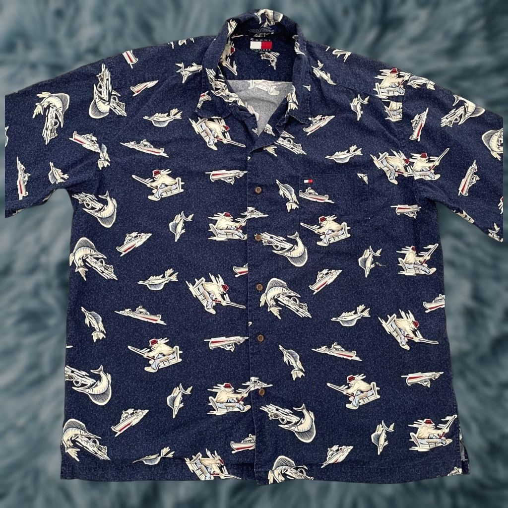 Tommy Hilfiger Vintage Tommy Hilfiger Men's Shirt XL Short Sleeve Collared Nautical Marlin Logo Blue 90s Size US XL / EU 56 / 4 - 1 Thumbnail