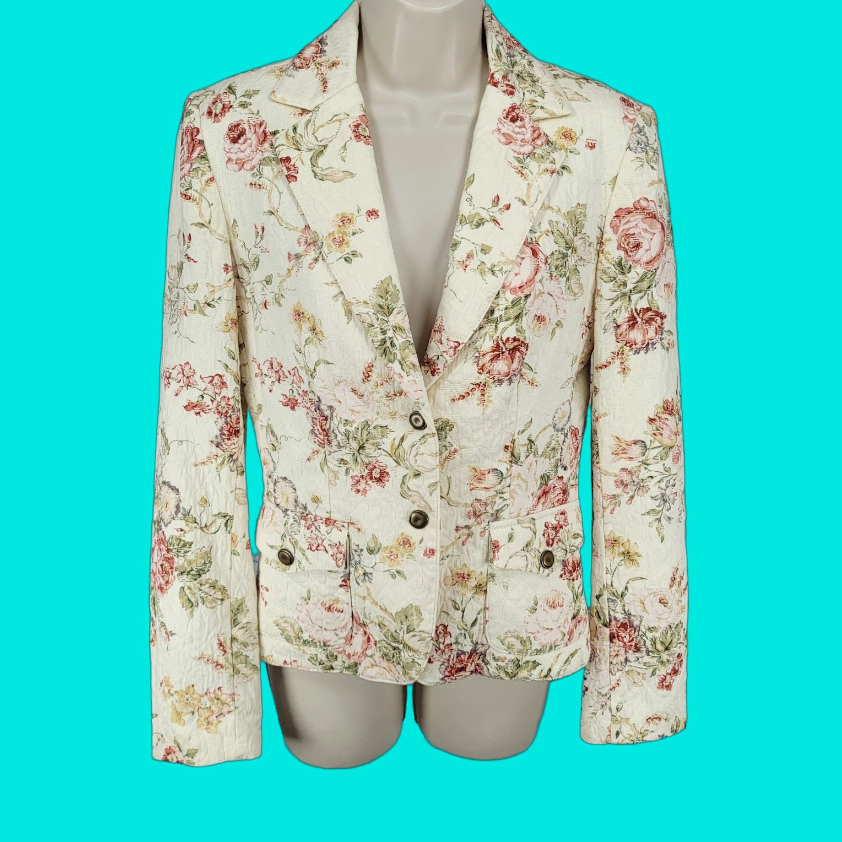 Vintage Daslu Cream Floral 100% Cotton Textured Buttoned Notch Jacket Brazil 40 Size S / US 4 / IT 40 - 1 Thumbnail