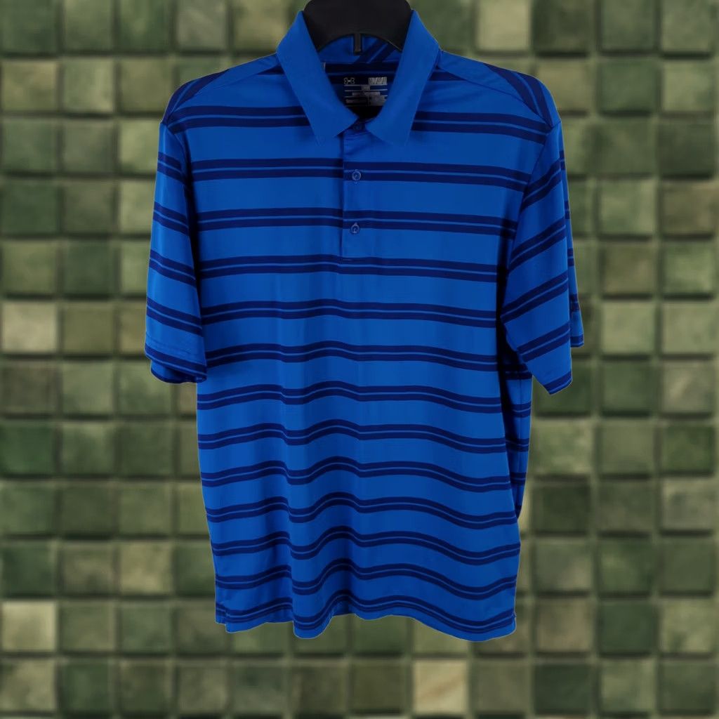 Under Armour Under Armour HeatGear Polo Shirt Blue Striped Short Sleeve Mens Medium Golf Regular Fit - 40 Chest | Polyester Blend Size US M / EU 48-50 / 2 - 1 Thumbnail