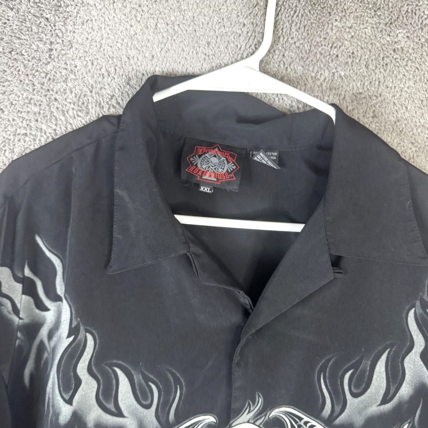 Vintage Dragonfly Roadhouse Shirt Mens 2XL Black Graphic Print Biker Skull Flames Short Sleeve Button-Up Camp Shirt Size US XXL / EU 58 / 5 - 5 Thumbnail