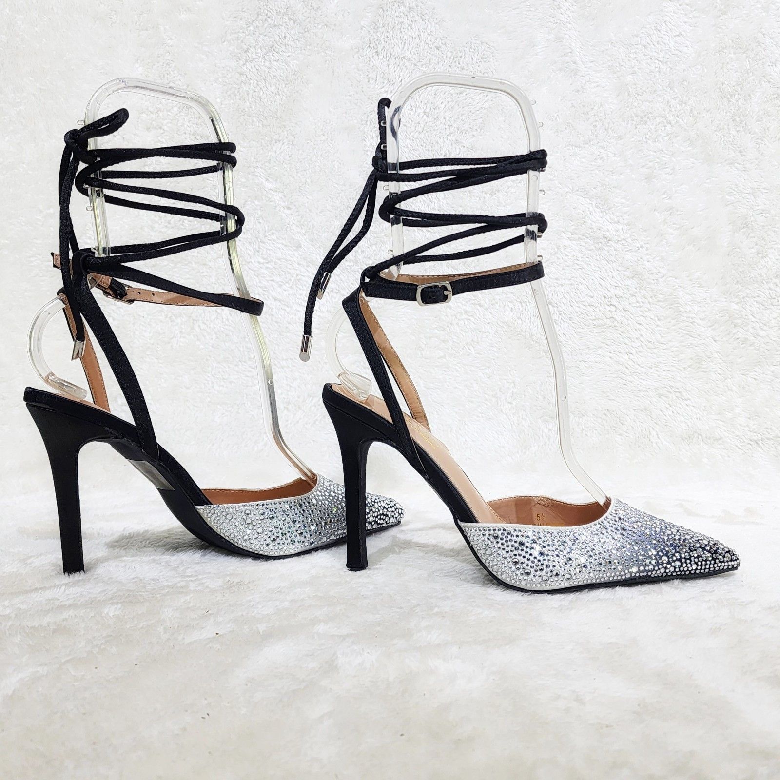 Other Tie Up Strap Black Rhinestone High Heels Stiletto Shoes Size US 7.5 / IT 37.5 - 4 Thumbnail