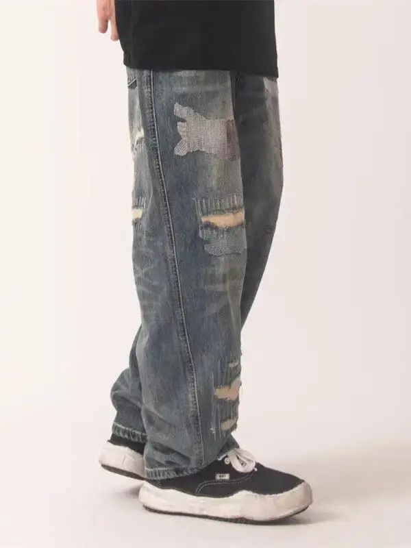 Japanese Brand Retro loose straight leg ripped jeans Size US 30 / EU 46 - 2 Thumbnail