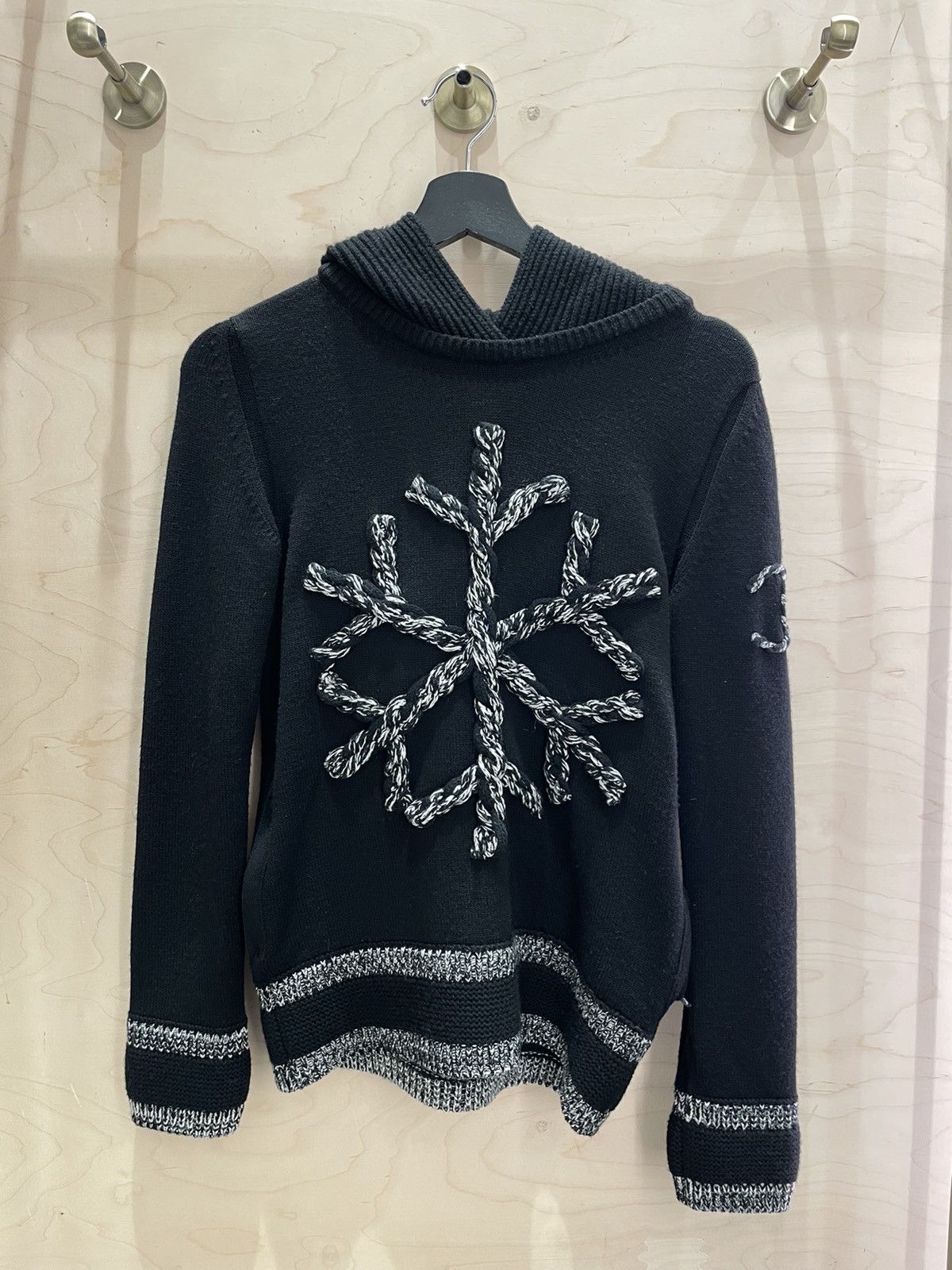 image of Chanel Snowflake Pattern Logo Detail Cashmere Hoodie Black, Women's (Size XS)