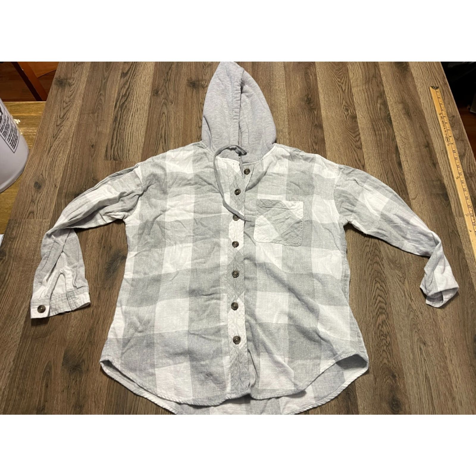 Vintage Maurices Hoodie Women's Large Gray White Plaid Button Up Long Sleeve Casual Fall Spring Summer Modern Adults Womens Size L / US 10 / IT 46 - 2 Thumbnail