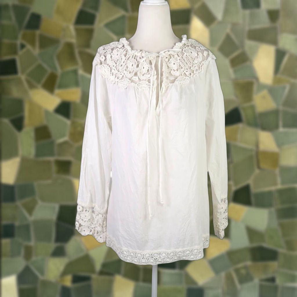 Vintage Sundance Cream Lace Trim Peasant Top Small Blouse Women Long Sleeve Bohemian Hippie 100% Cotton Casual Size S / US 4 / IT 40 - 1 Thumbnail