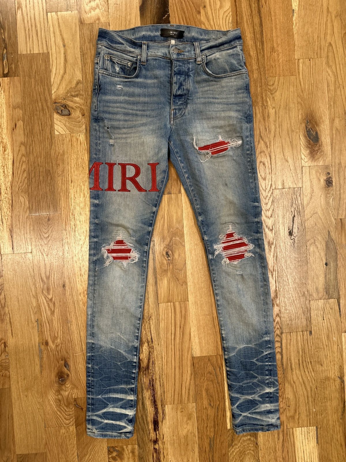 Amiri MX1 Red Suede Spell Blue Denim Jeans Sz 30
